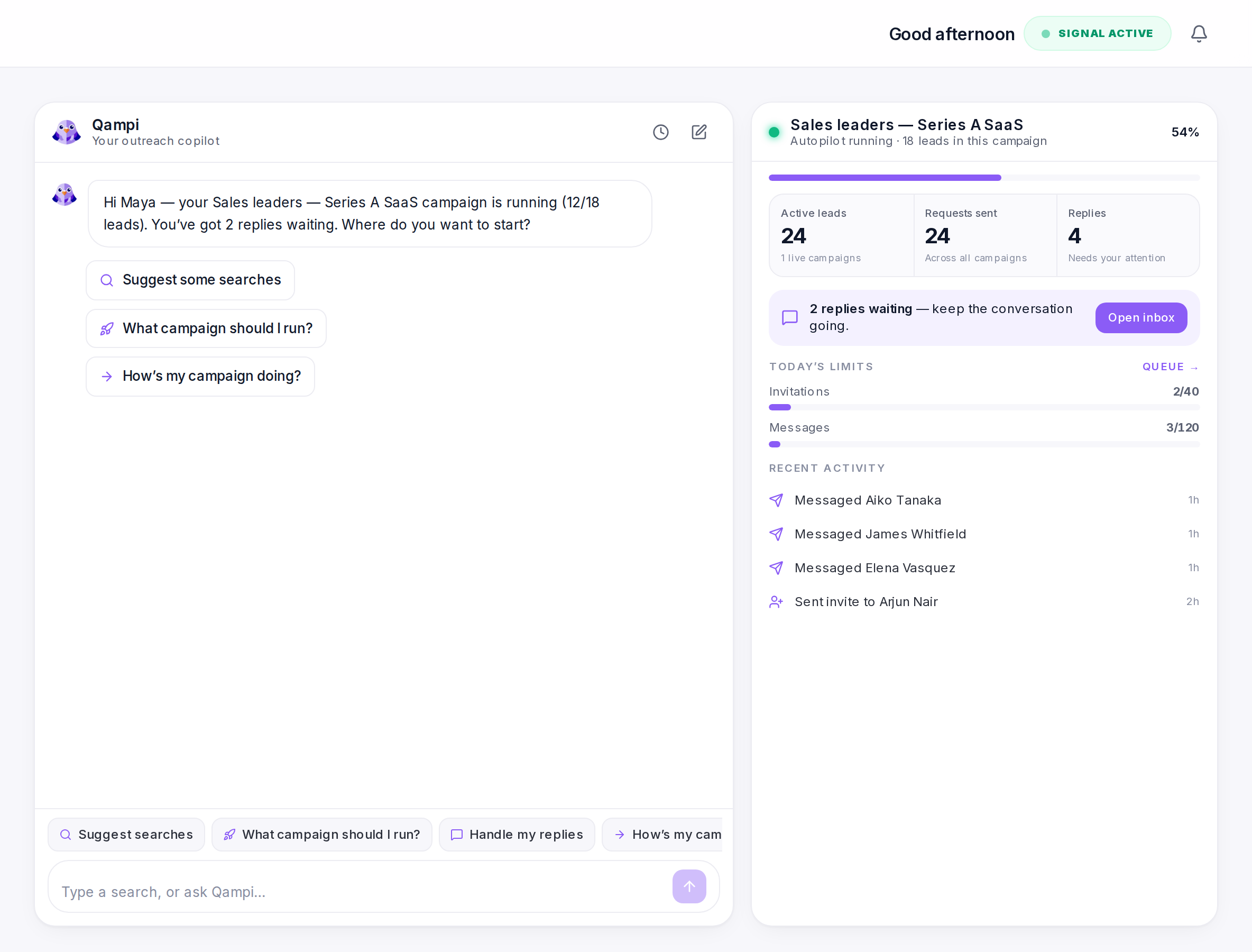 Qampi dashboard with the copilot chat and a running campaign