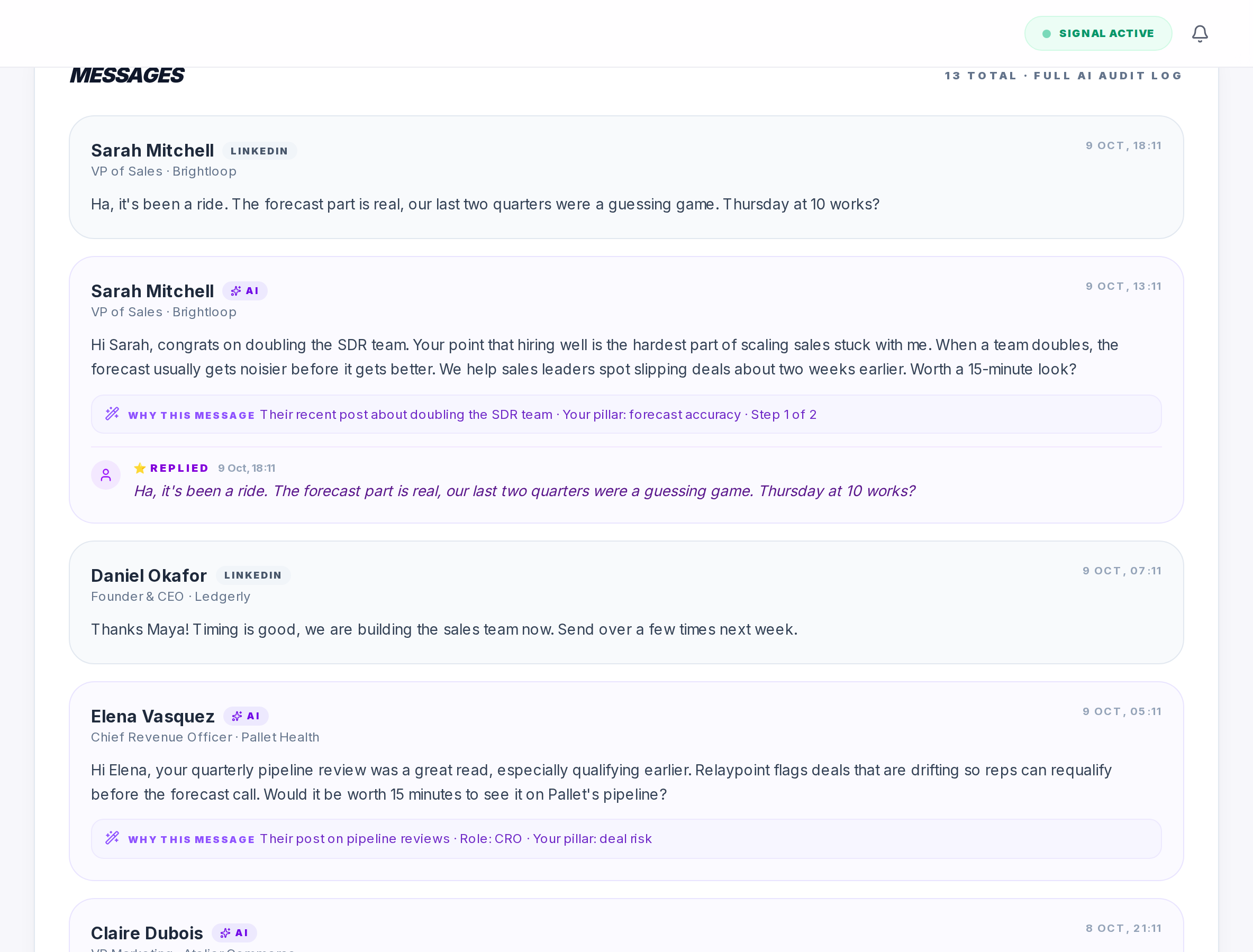 AI-written campaign messages, each with the reason it was written and the prospect's reply