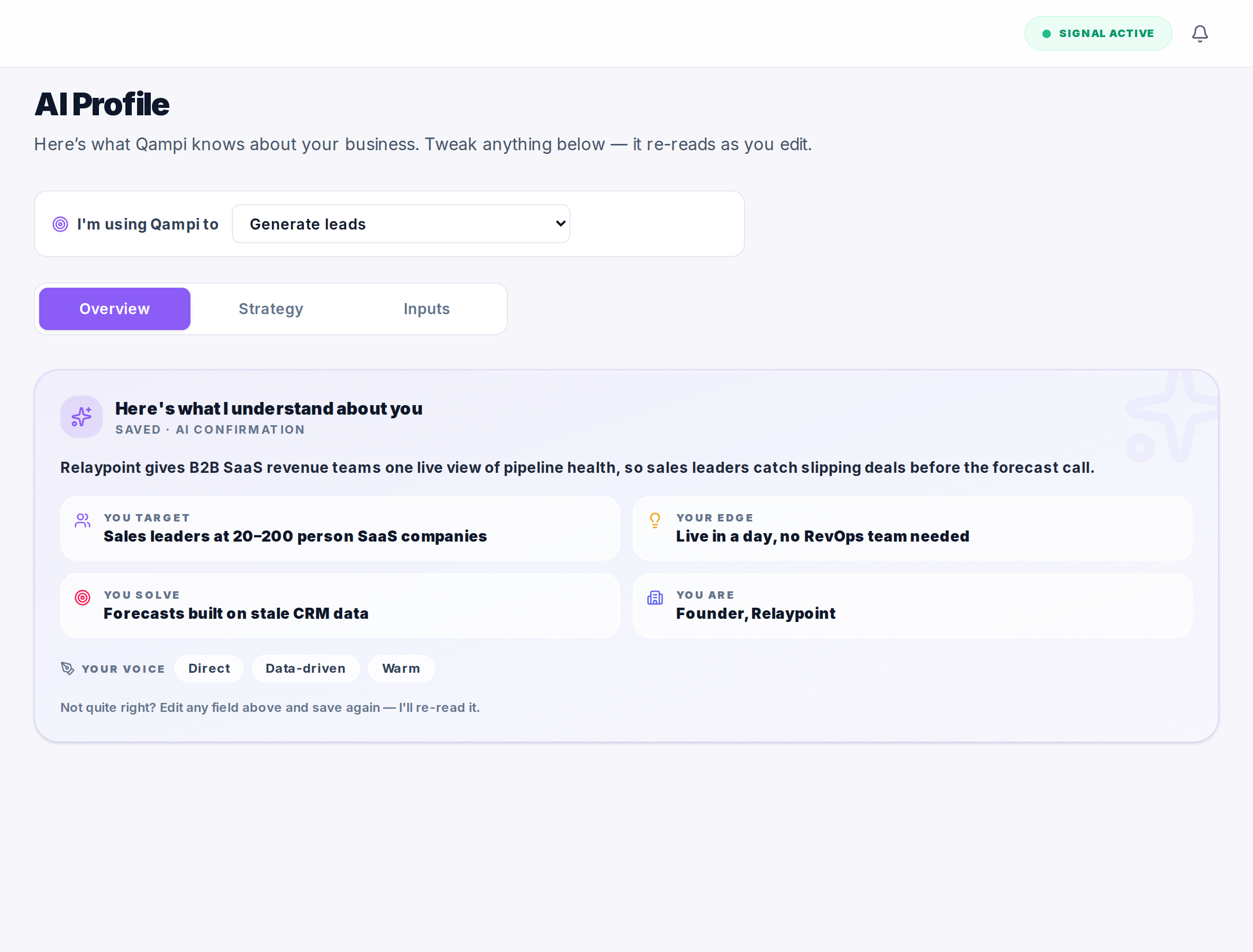 Qampi AI Profile summarizing the business, target customer, edge and writing voice